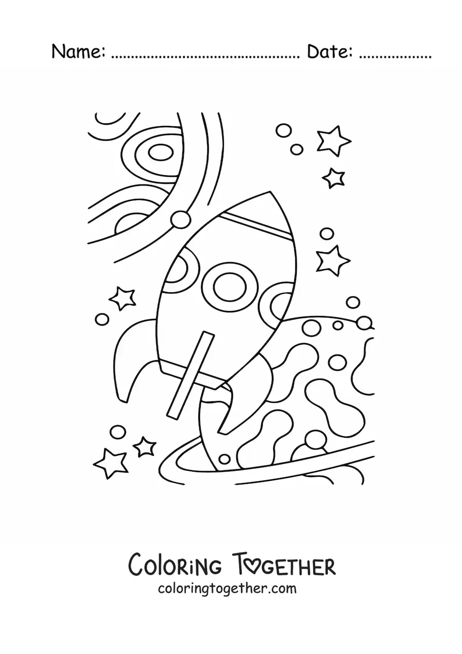 Coloring page of several planets and a space rocket