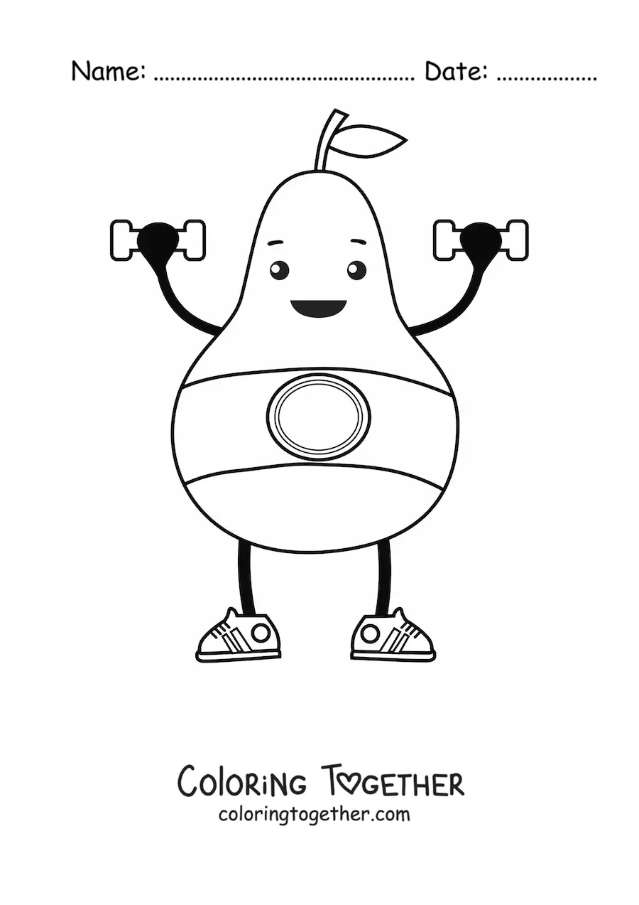 Coloring page of a cartoon pear working out