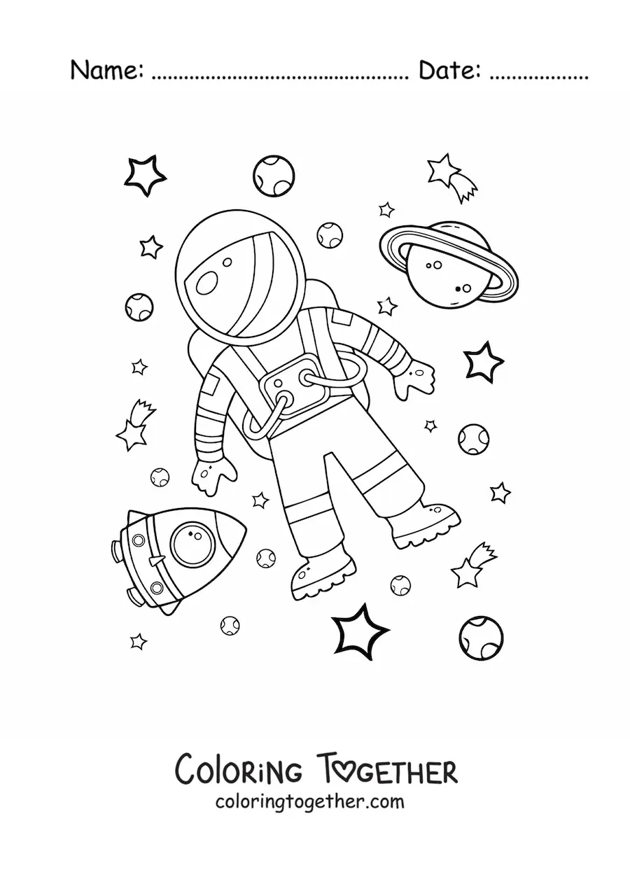 Coloring page of an astronaut in space with planets and stars
