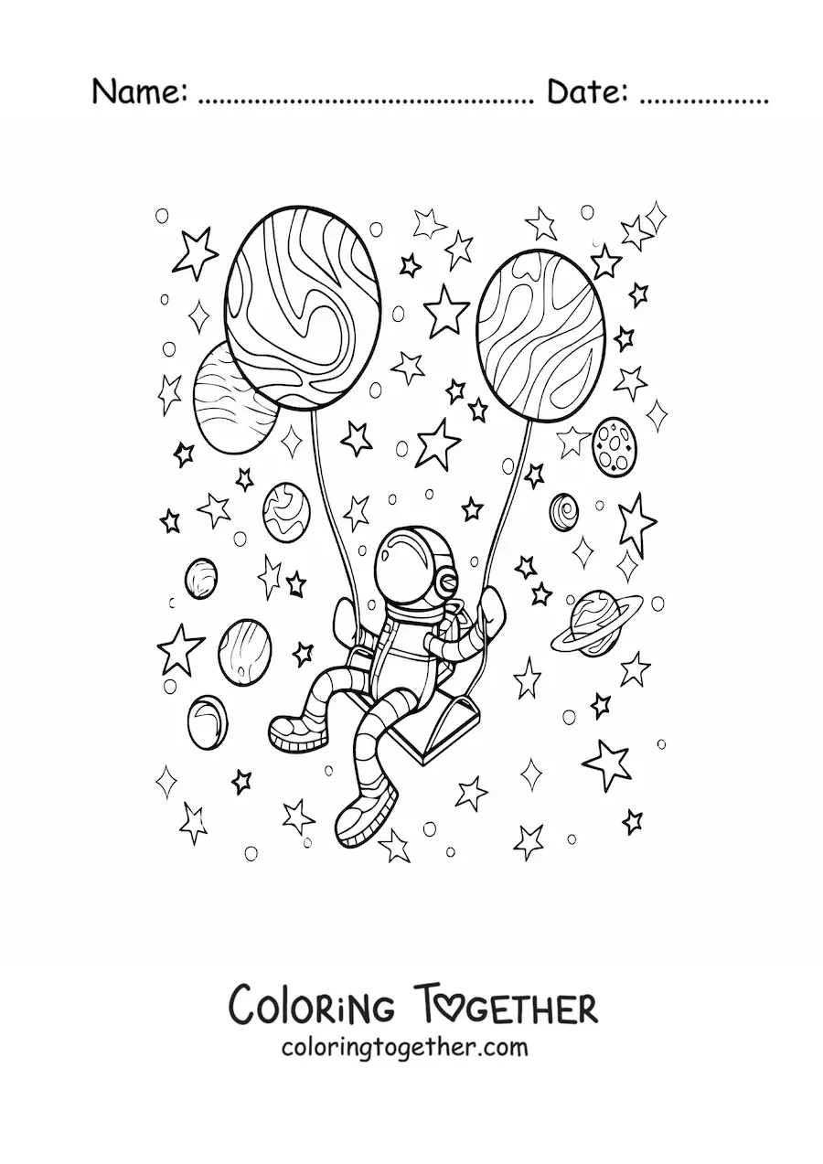 Coloring page of an astronaut floating in space with planet balloons