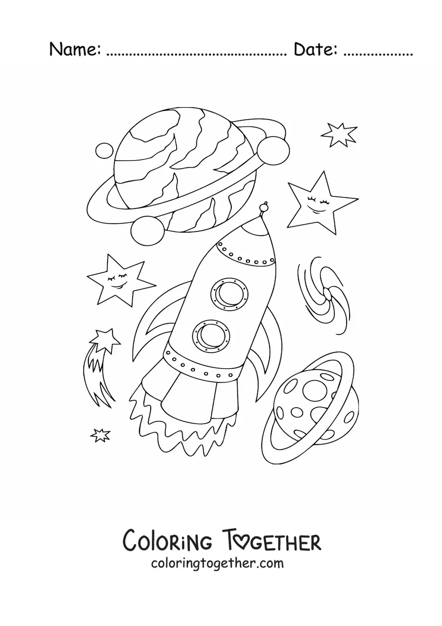 Coloring page of a rocket and several planets