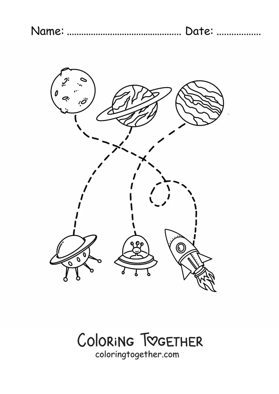 Coloring page of three planets and three spaceships