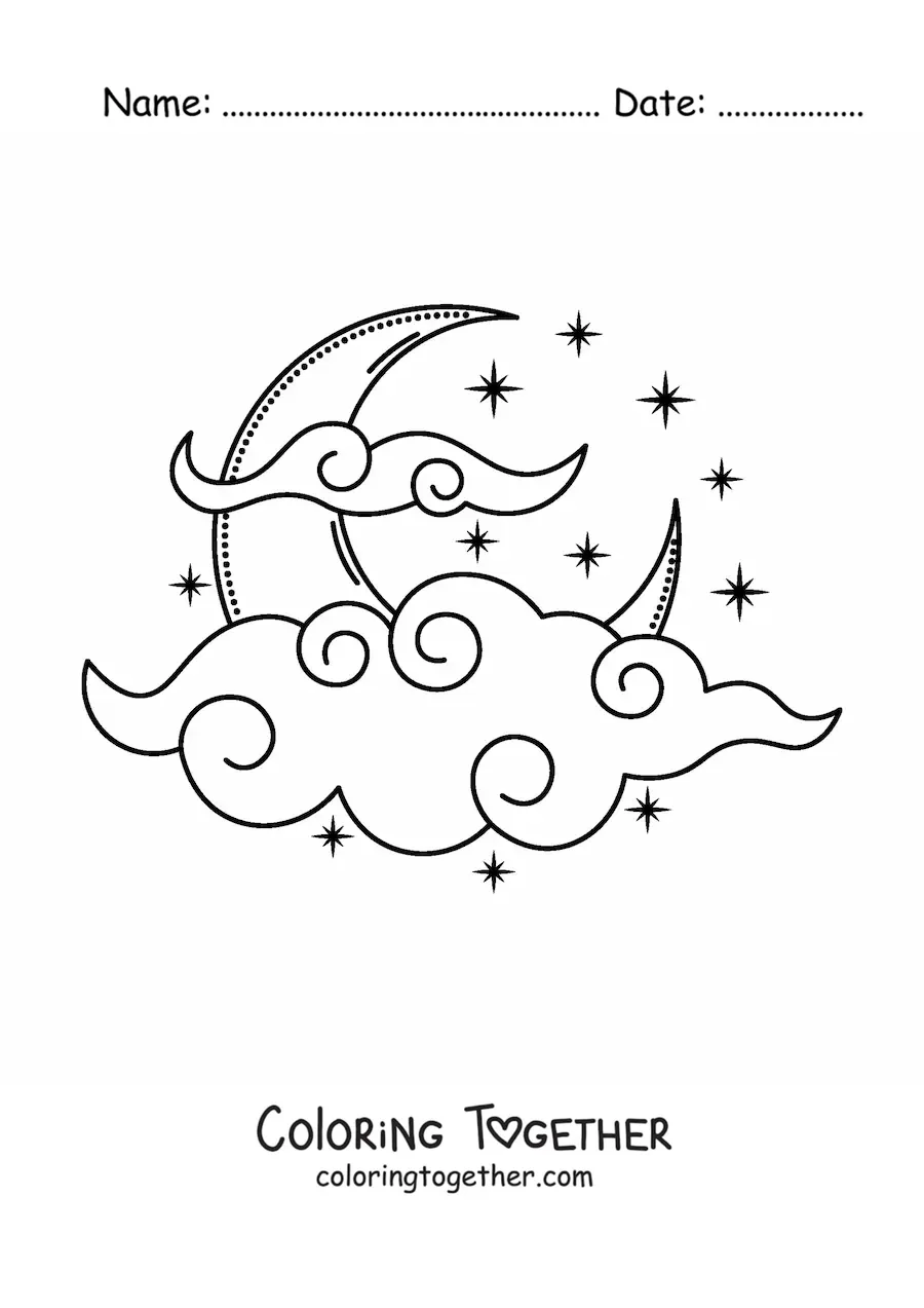 Coloring page of the Moon surrounded by clouds