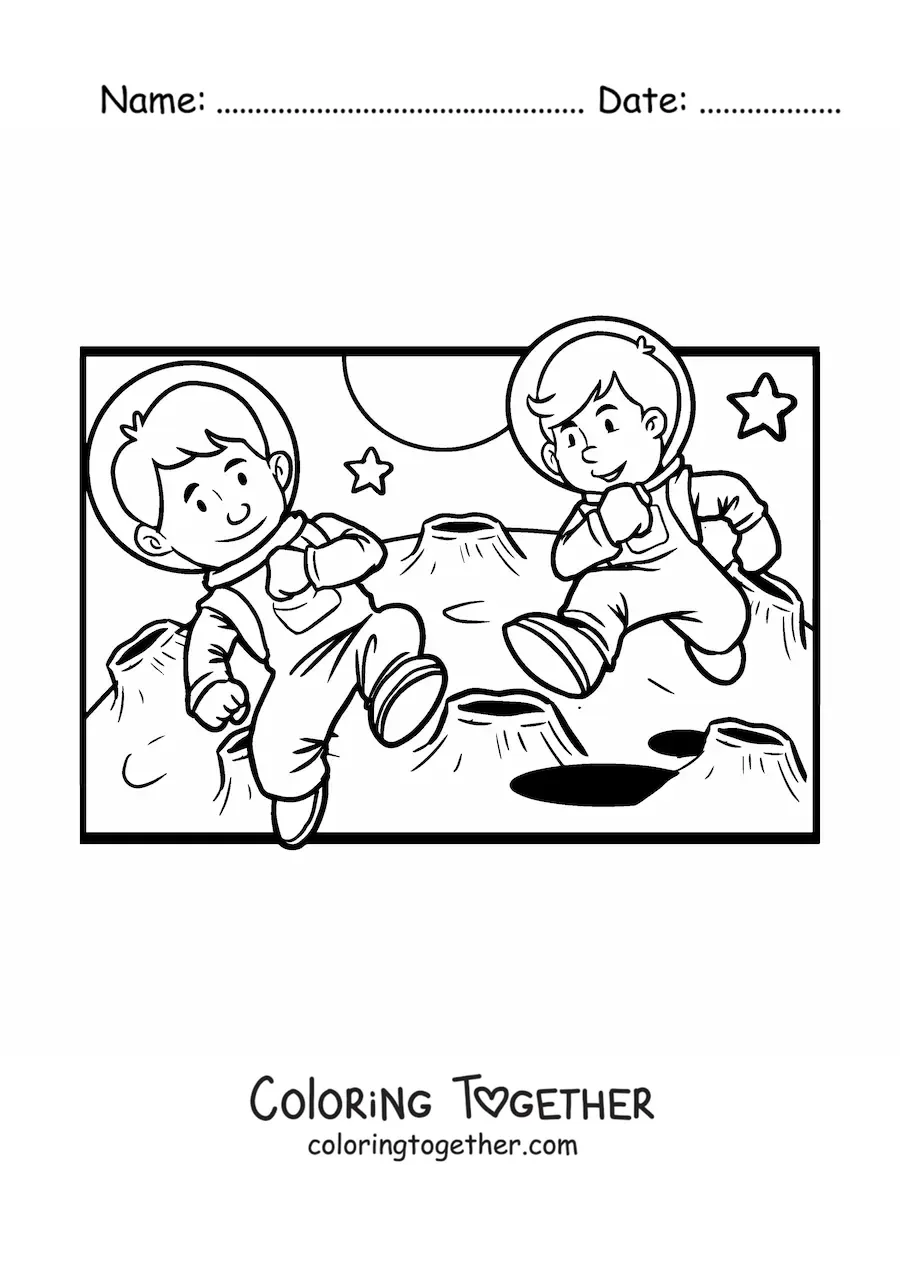 Coloring page of two astronauts on the Moon