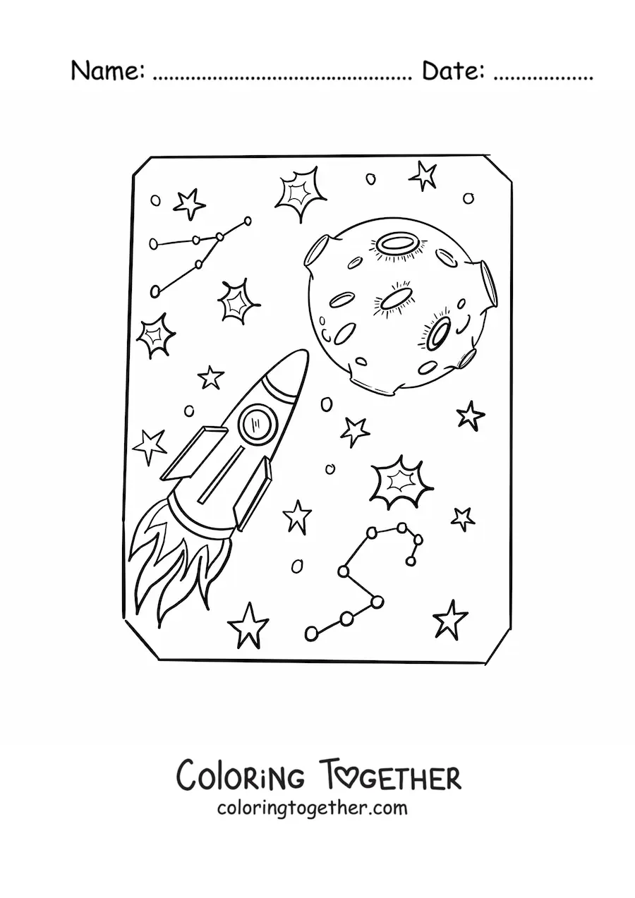Coloring page of a space journey to the Moon