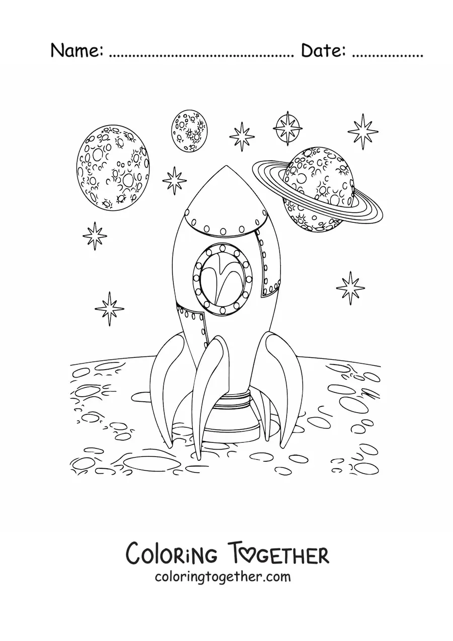 Coloring page of a rocket on the Moon