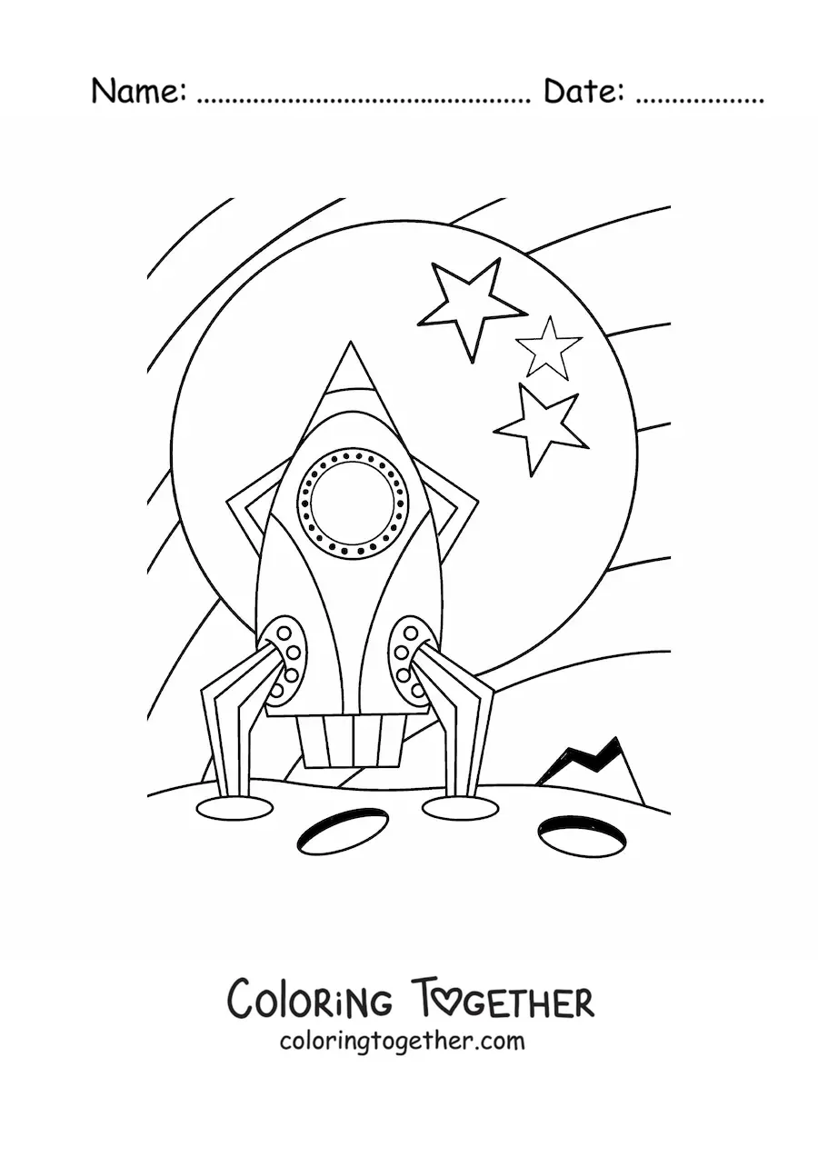 Coloring page of a rocket on the Moon with stars