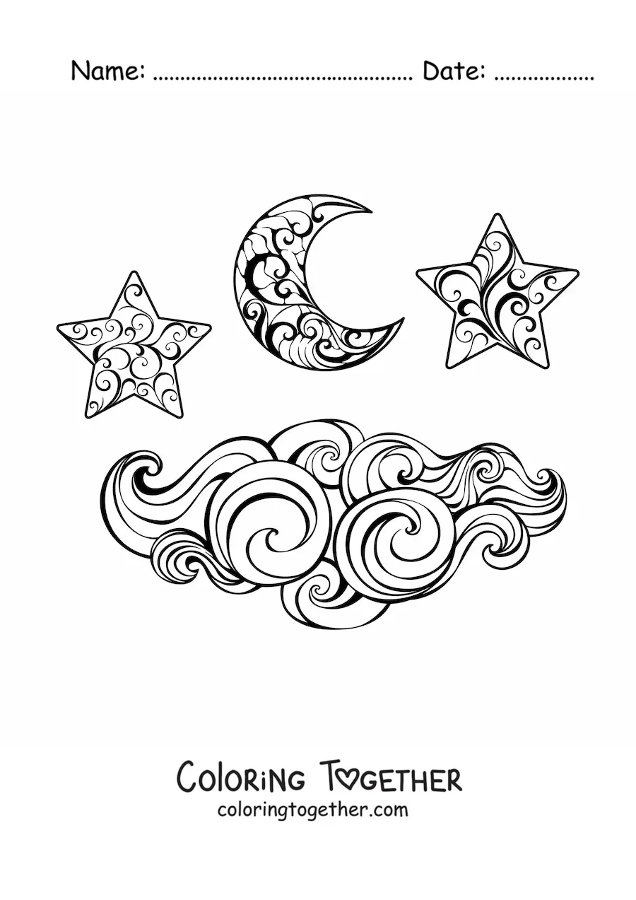 Coloring page of the Moon and the stars