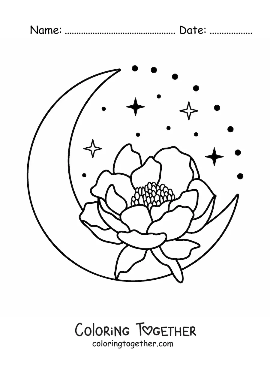 Coloring page of a pretty Moon with a flower