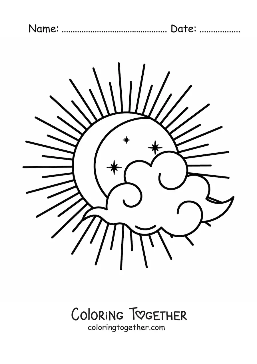 Coloring page of a Moon with a cloud