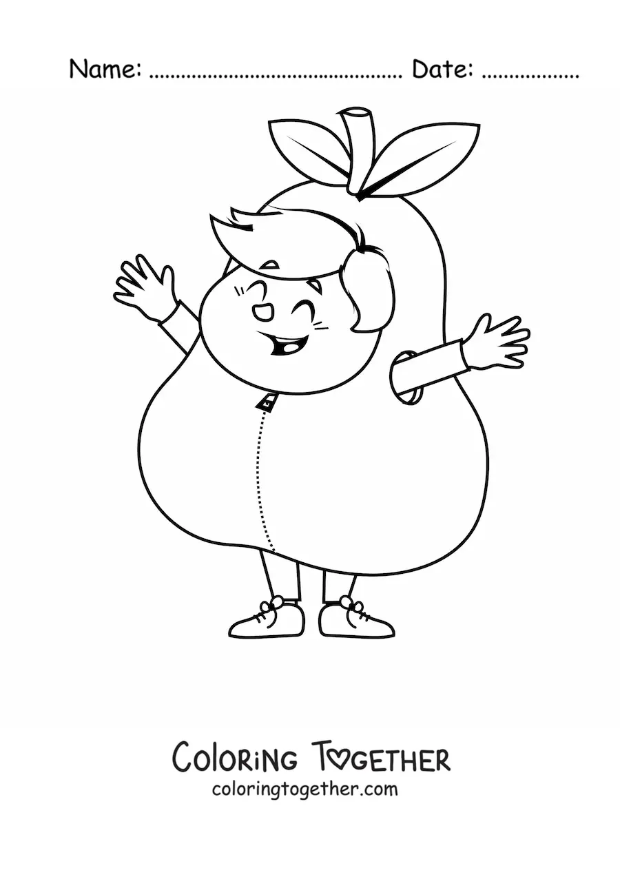 Coloring page of a smiling child dressed up as a pear