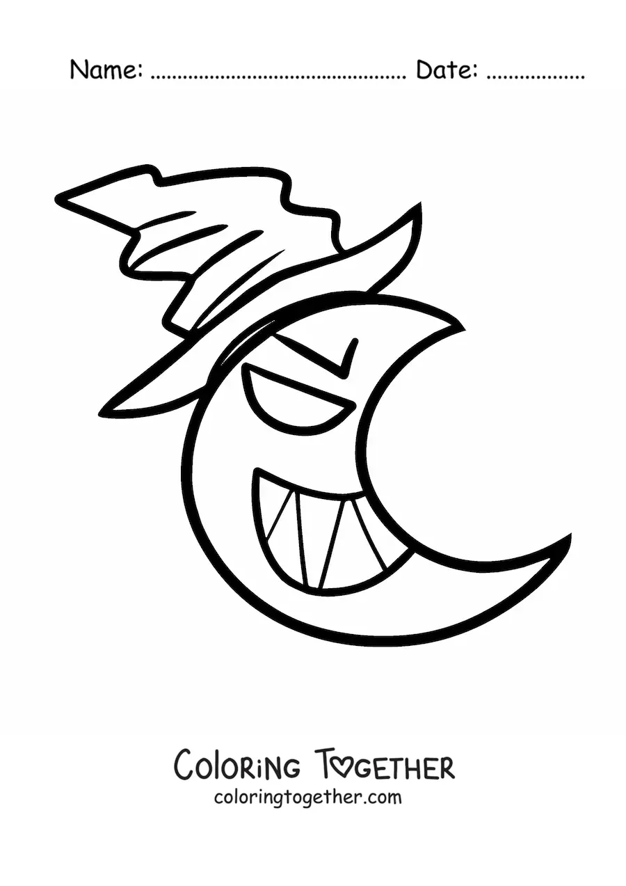 Coloring page of a cartoon Moon with a witch hat