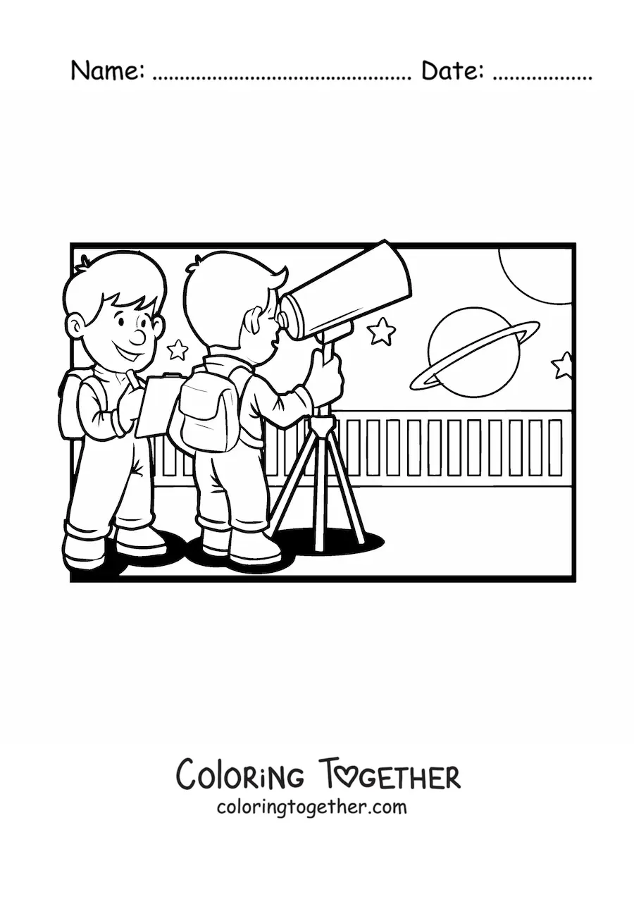 Coloring page of two children with a telescope