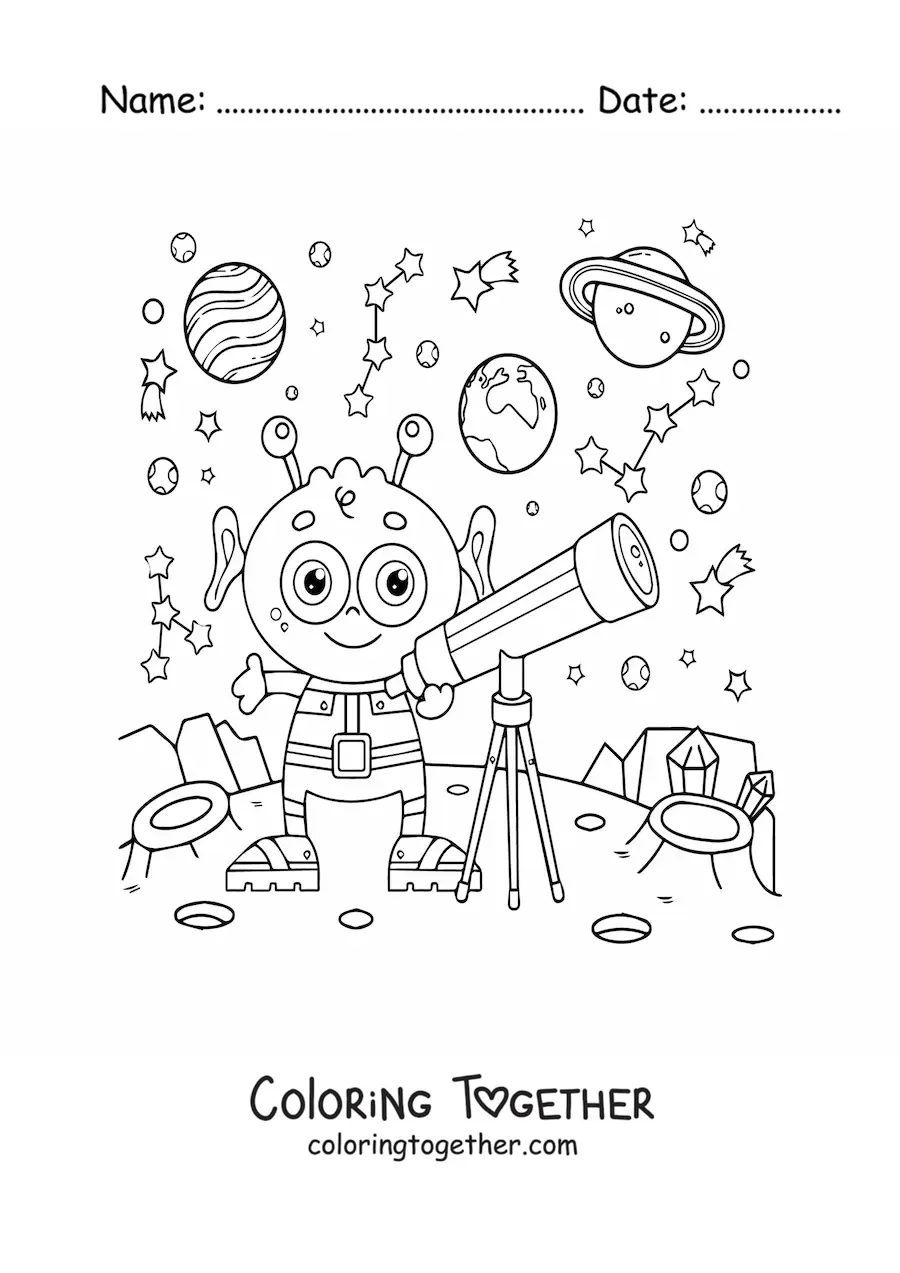 Coloring page of an alien with a telescope