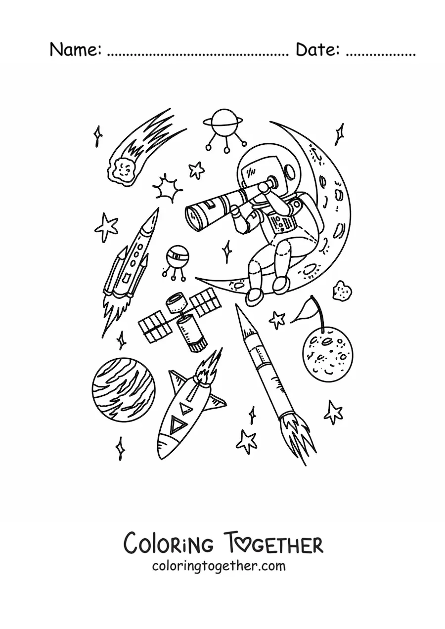 Coloring page of an astronaut with a telescope in space