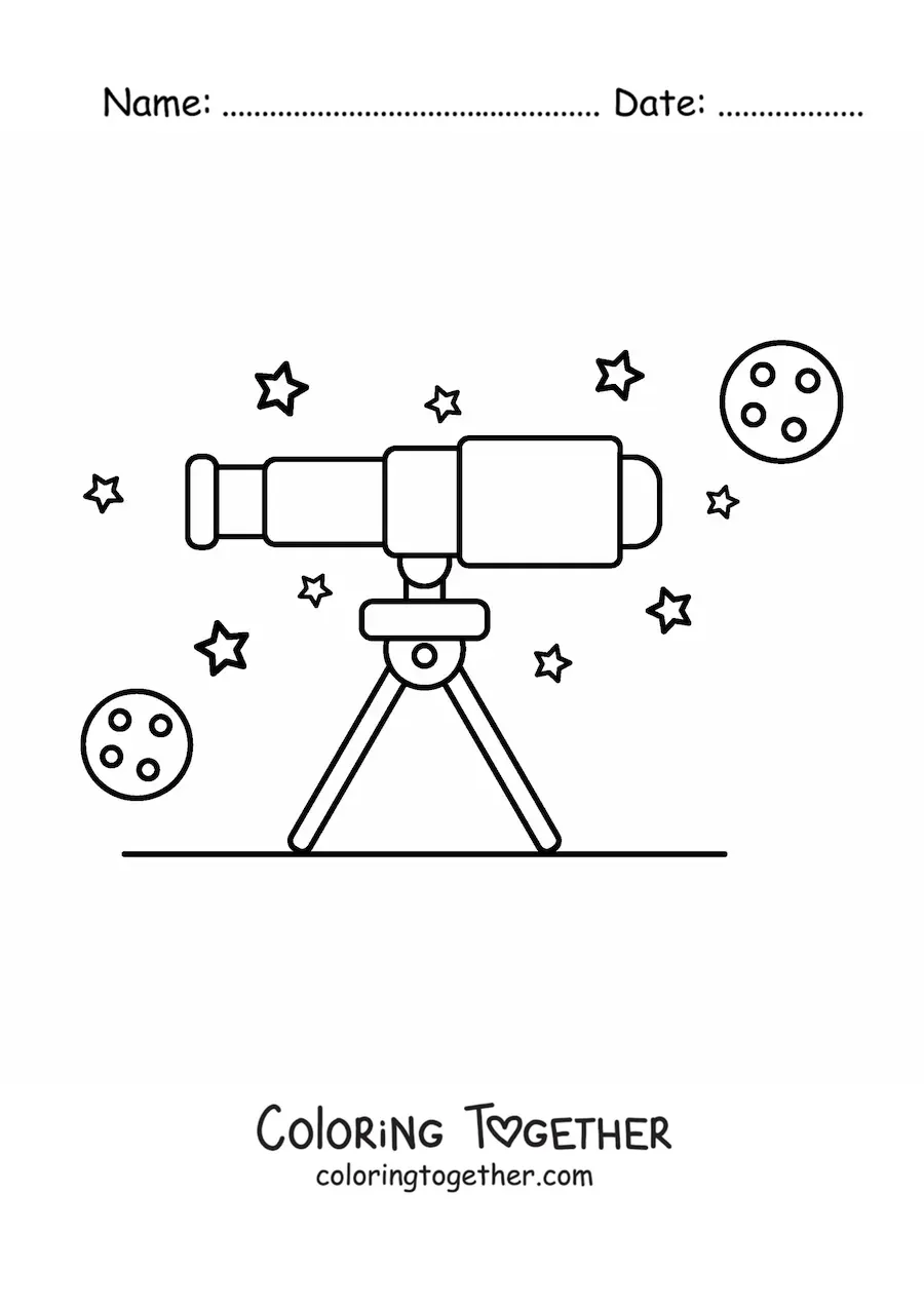 Coloring page of a telescope and stars in the sky