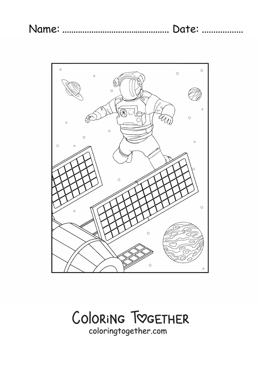 Coloring page of an astronaut and a satellite in space