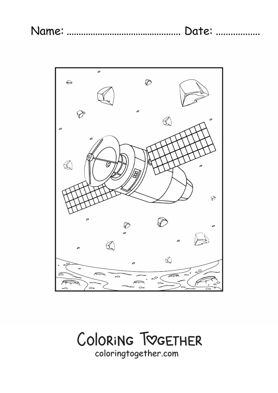 Coloring page of a satellite among asteroids