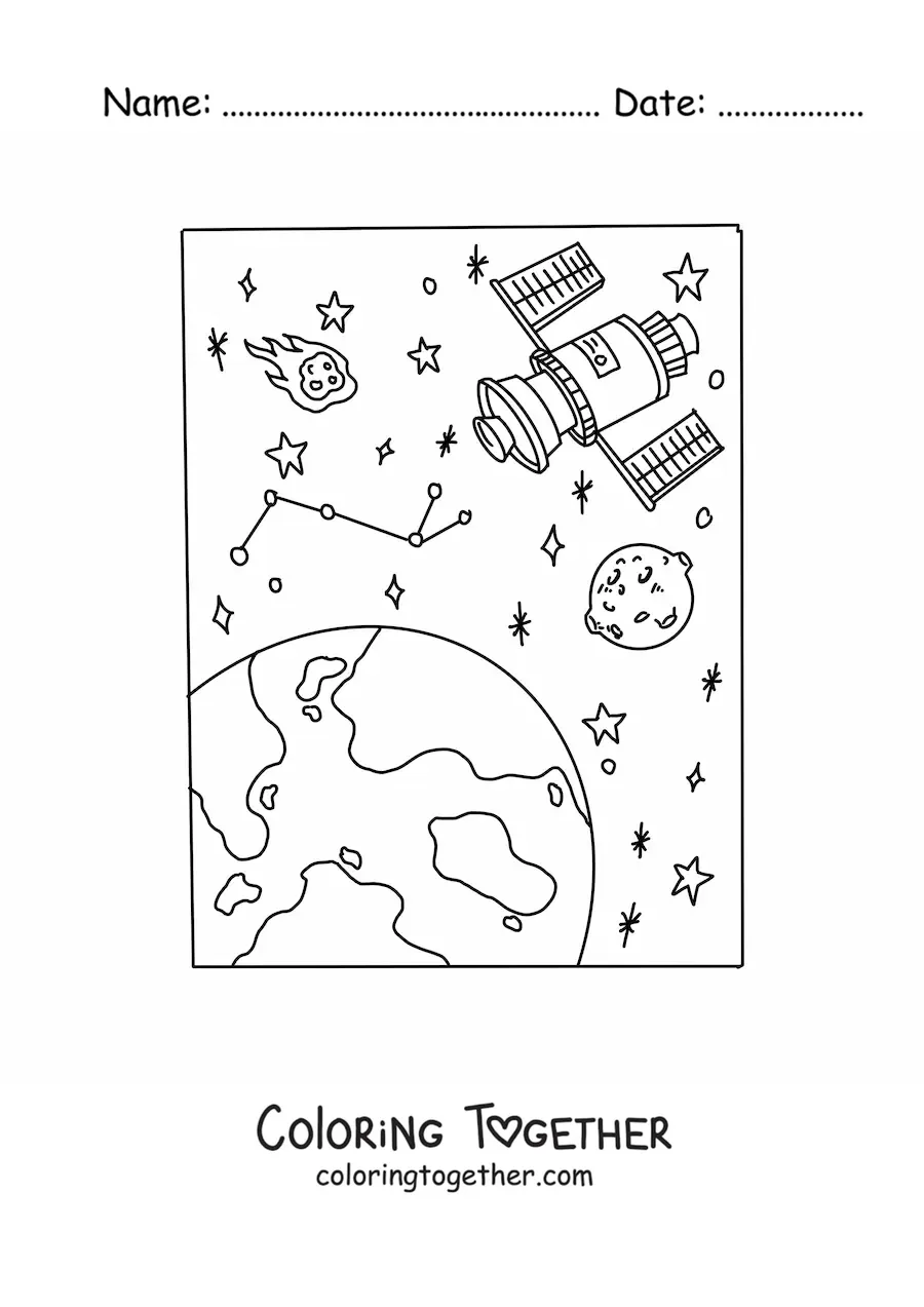 Coloring page of a satellite next to several stars