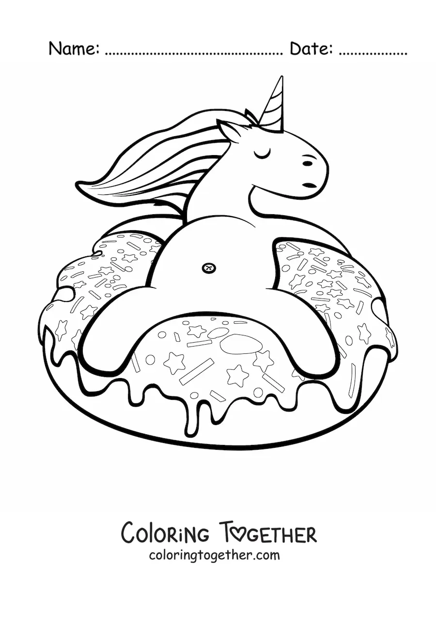 Coloring page of an animated unicorn sitting on a donut