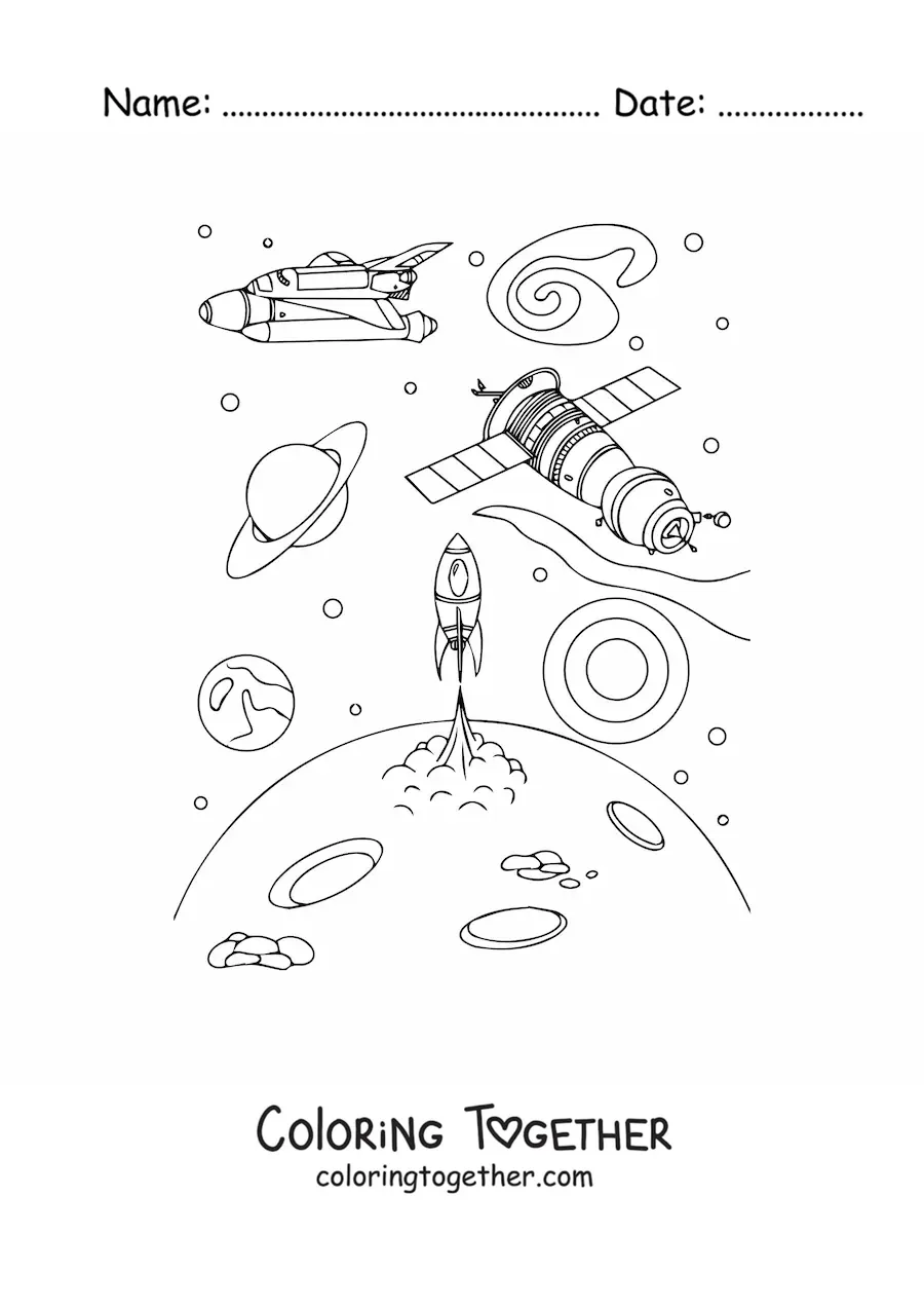 Coloring page of a satellite next to spaceships
