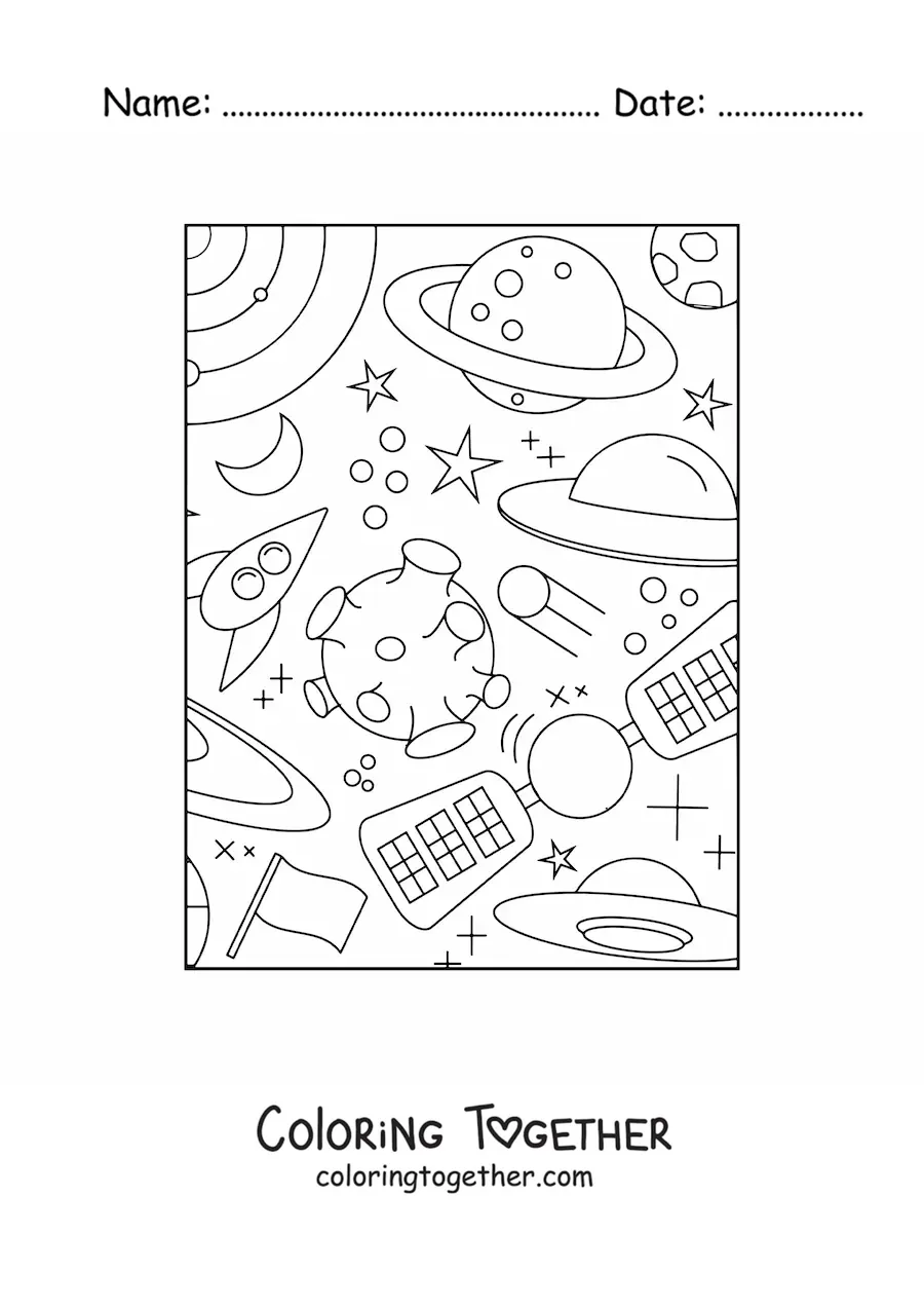 Coloring page of an artificial satellite and several celestial bodies