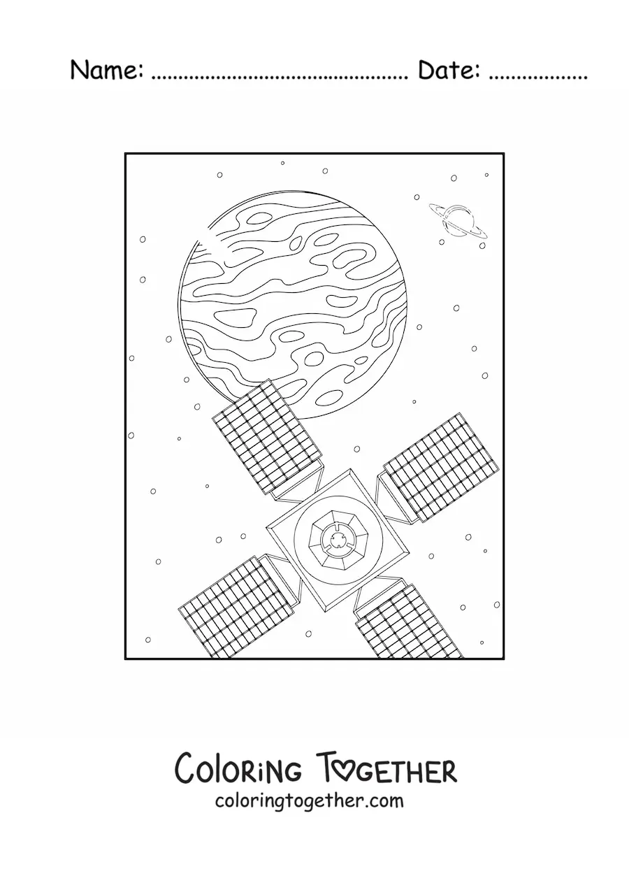 Coloring page of a satellite and a planet