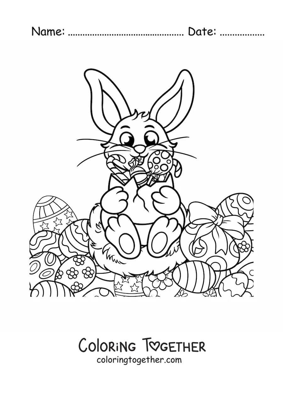 Coloring page of a rabbit with several Easter eggs