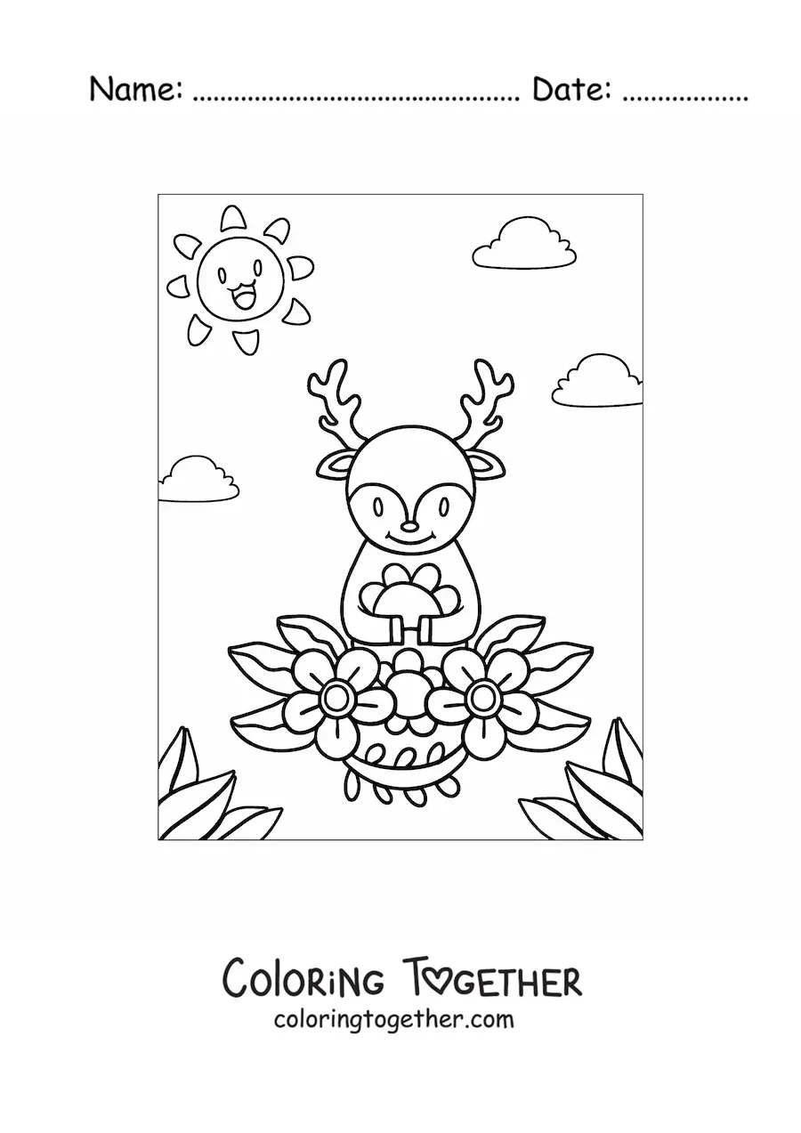 Coloring page of a kawaii deer in spring