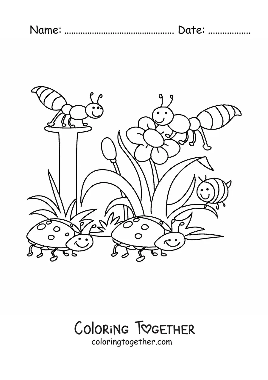 Coloring page of several insects and spring flowers