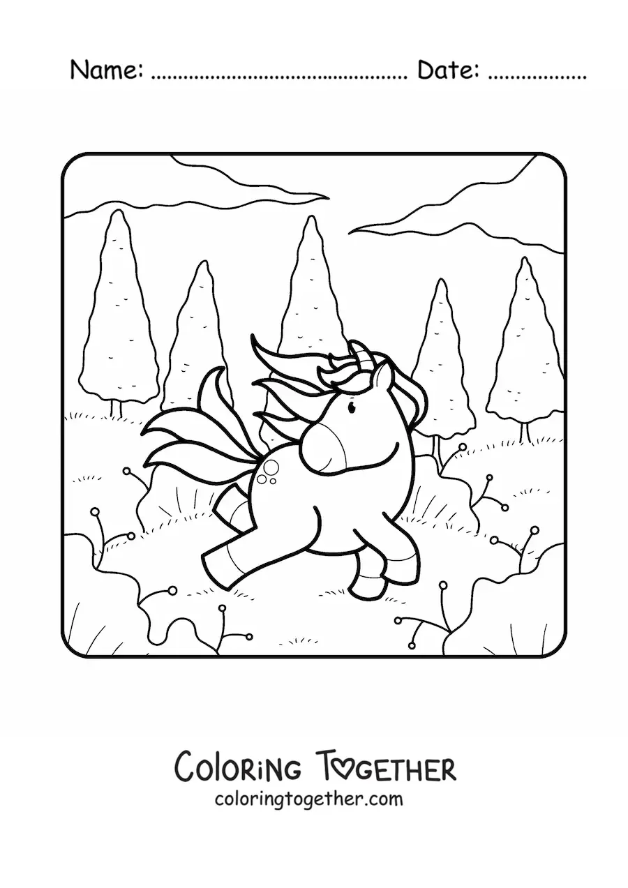 Coloring page of a cartoon unicorn in the forest