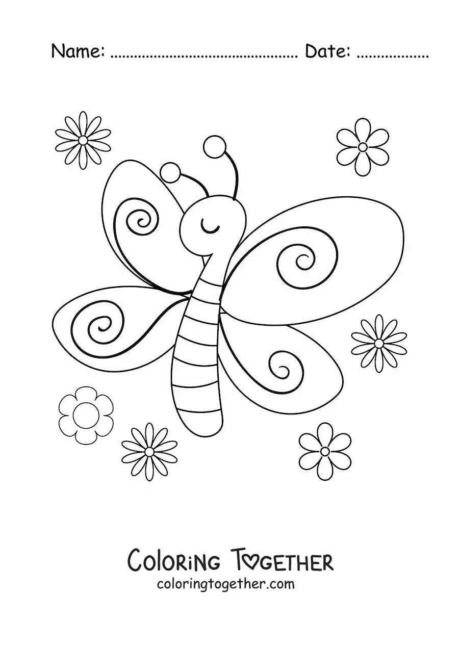 Coloring page of a butterfly with spring flowers