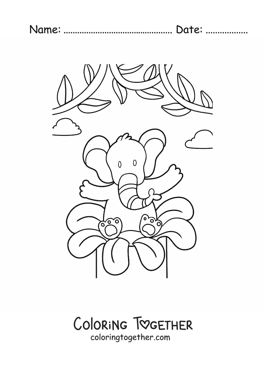 Coloring page of a cartoon elephant with a spring flower