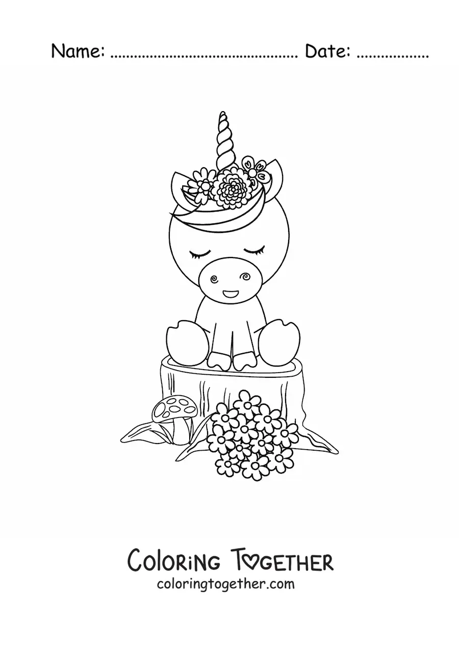 Coloring page of a kawaii unicorn with spring flowers