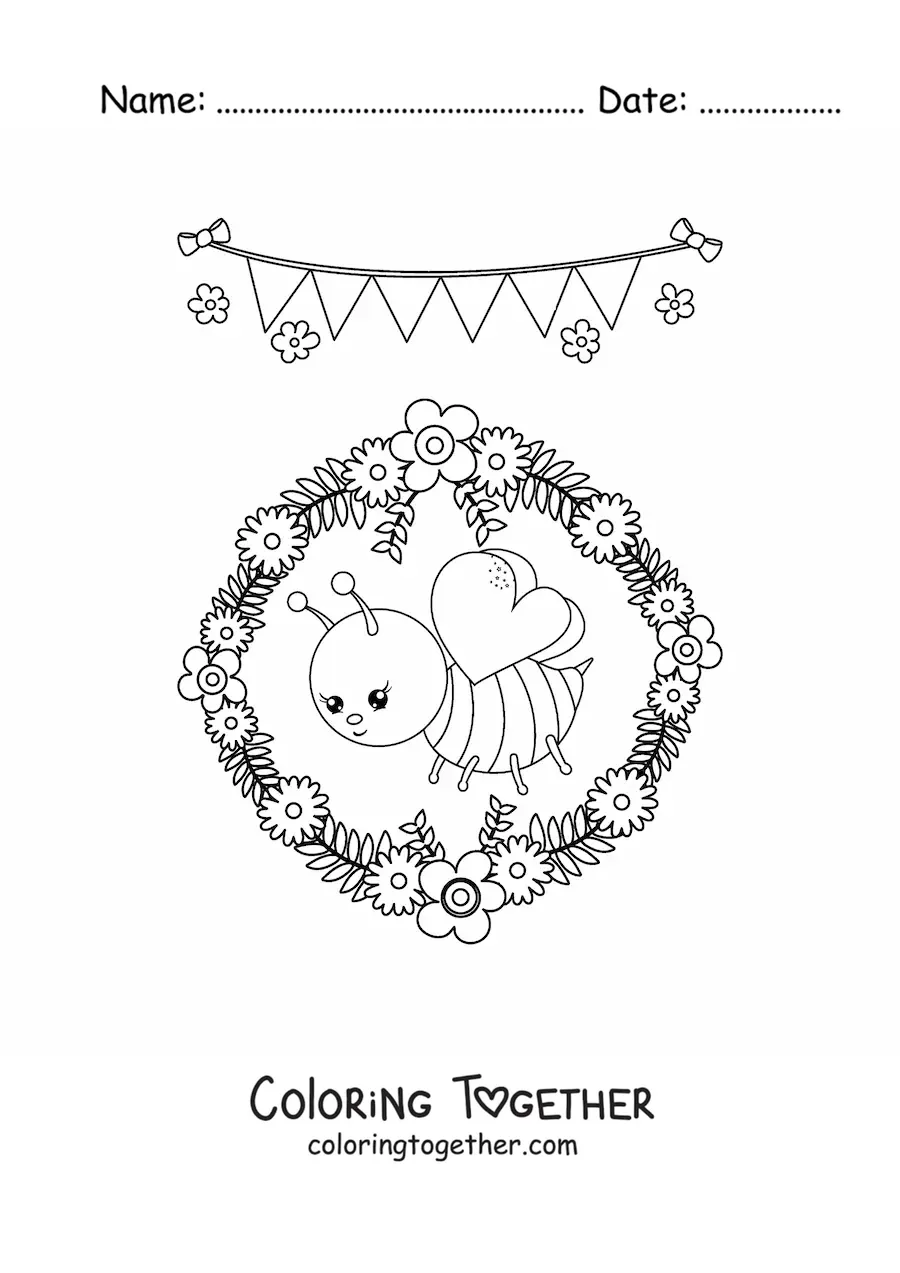 Coloring page of a kawaii bee with a ring of spring flowers