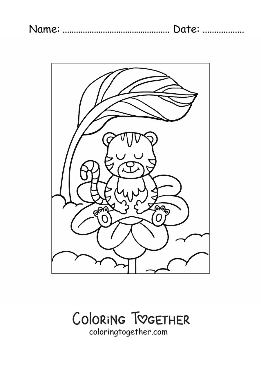 Coloring page of a cartoon tiger on a spring flower