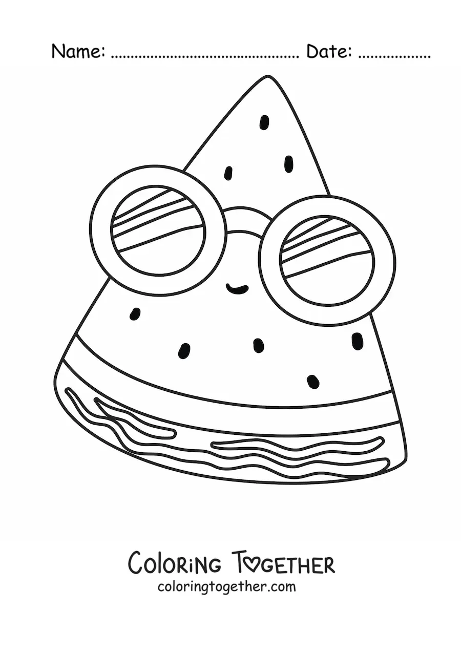 Coloring page of a kawaii animated watermelon with sunglasses