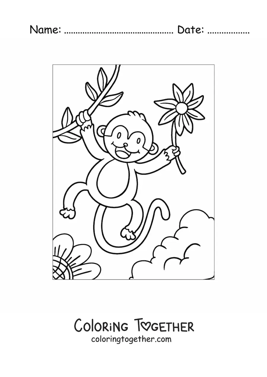 Coloring page of a cartoon monkey with flowers in spring