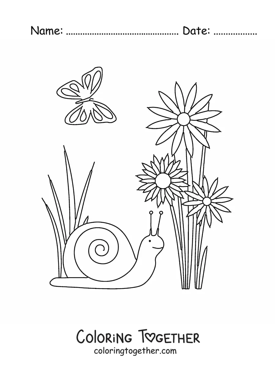 Coloring page of a snail and several flowers in spring