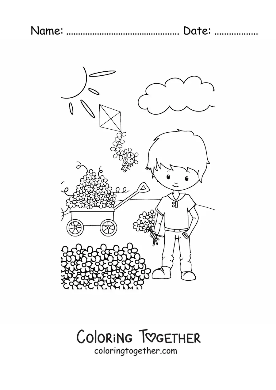 Coloring page of a boy in spring next to a patch of flowers