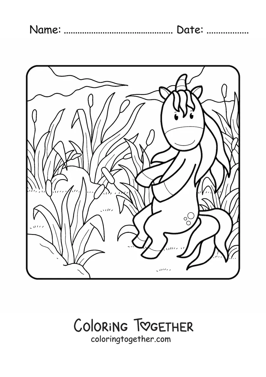 Coloring page of a unicorn in the field in spring