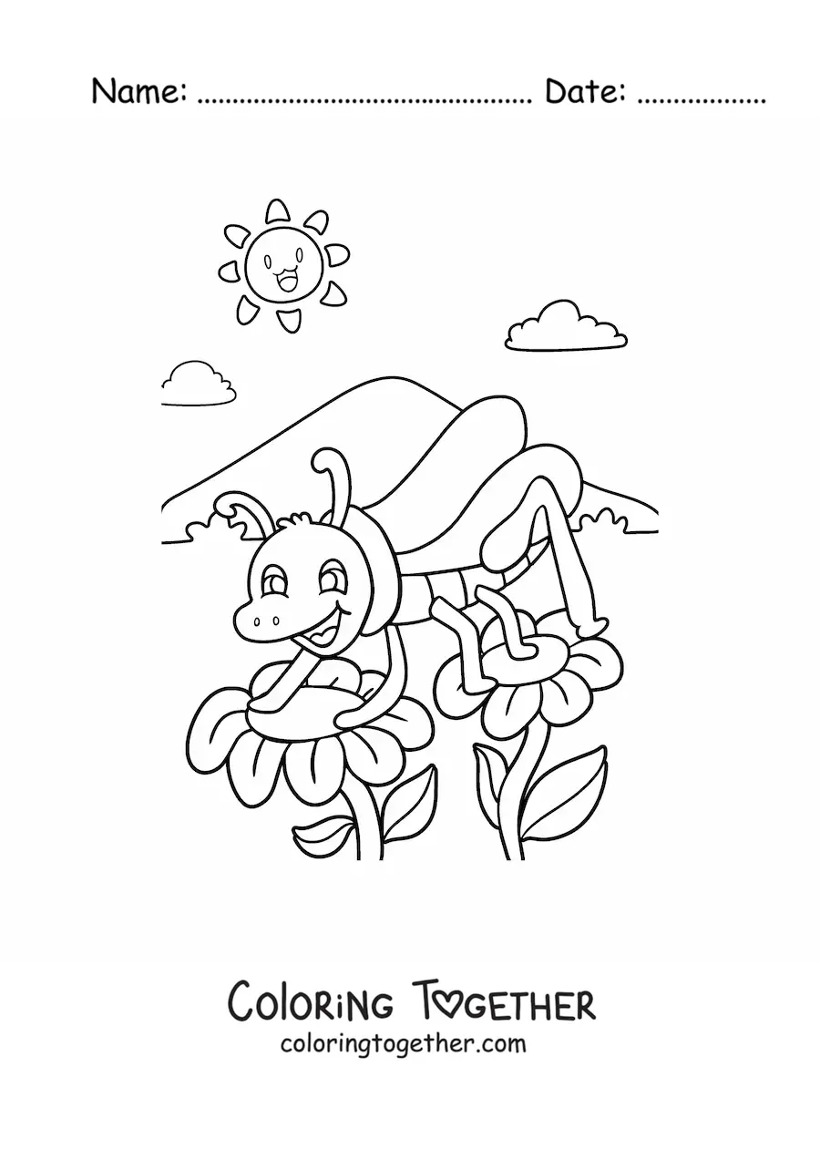 Coloring page of a cartoon cricket posing between two flowers in spring weather