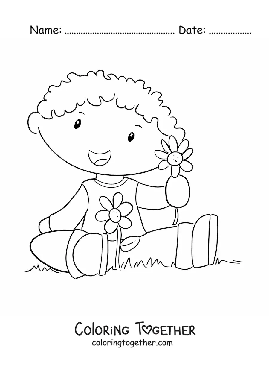 Coloring page of a boy in the field in spring