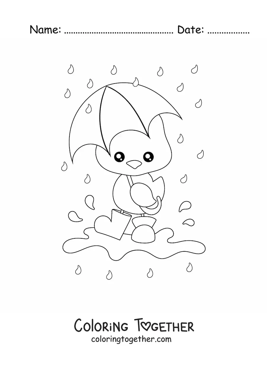 Coloring page of a kawaii chick under the spring rain