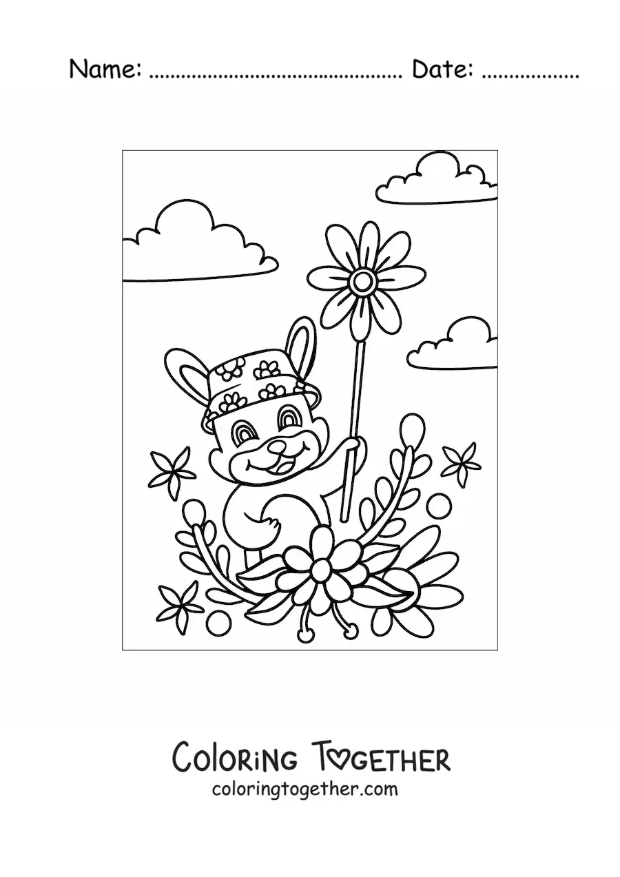 Coloring page of a cartoon rabbit holding several flowers