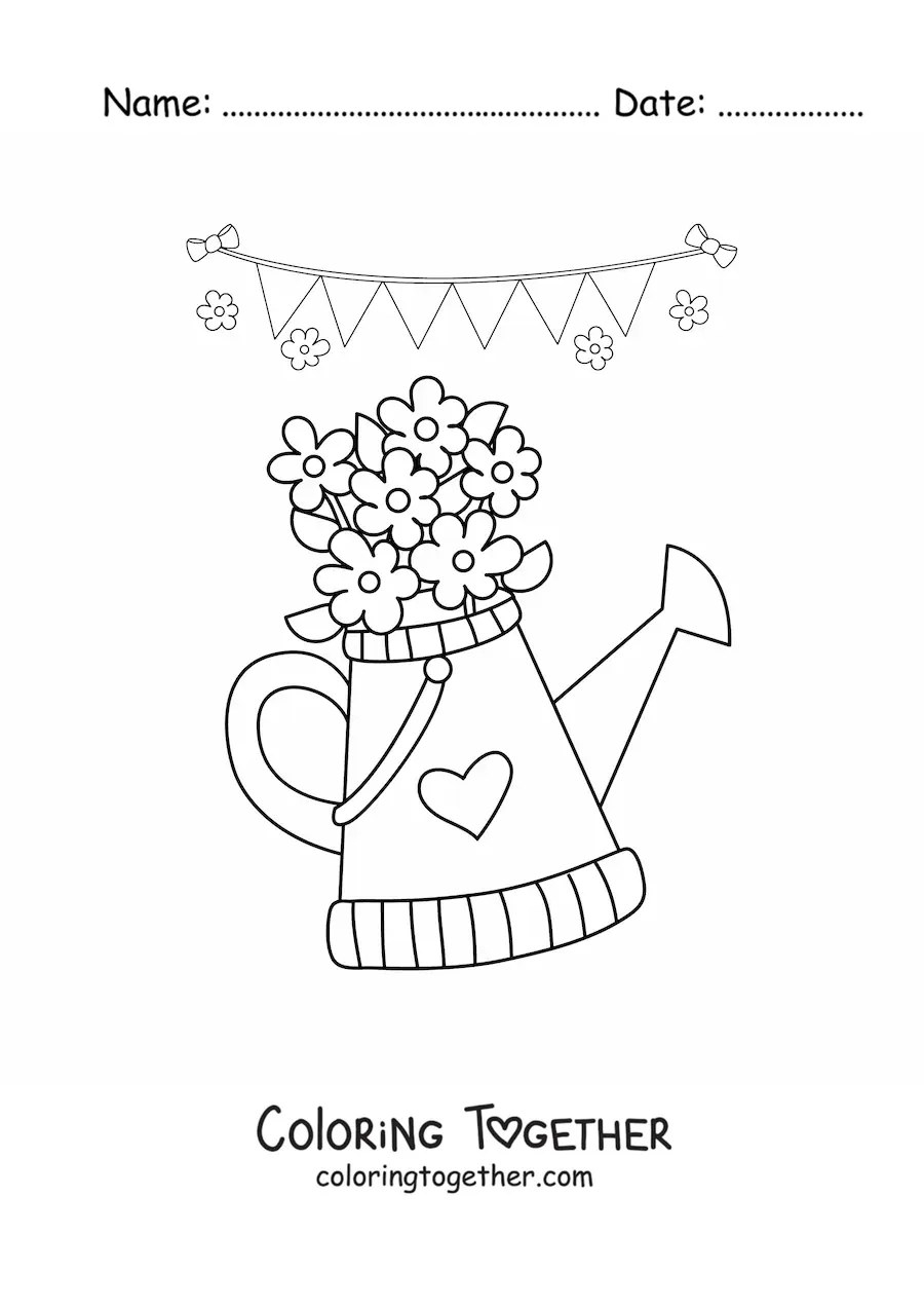 Coloring page of a garden watering can with spring flowers