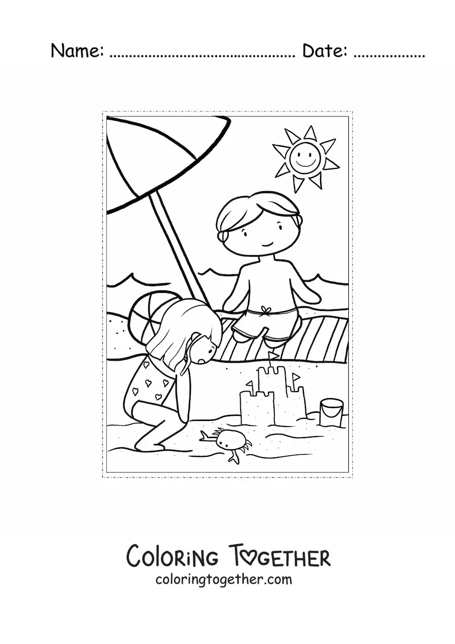 Coloring page of two children at the beach in summer