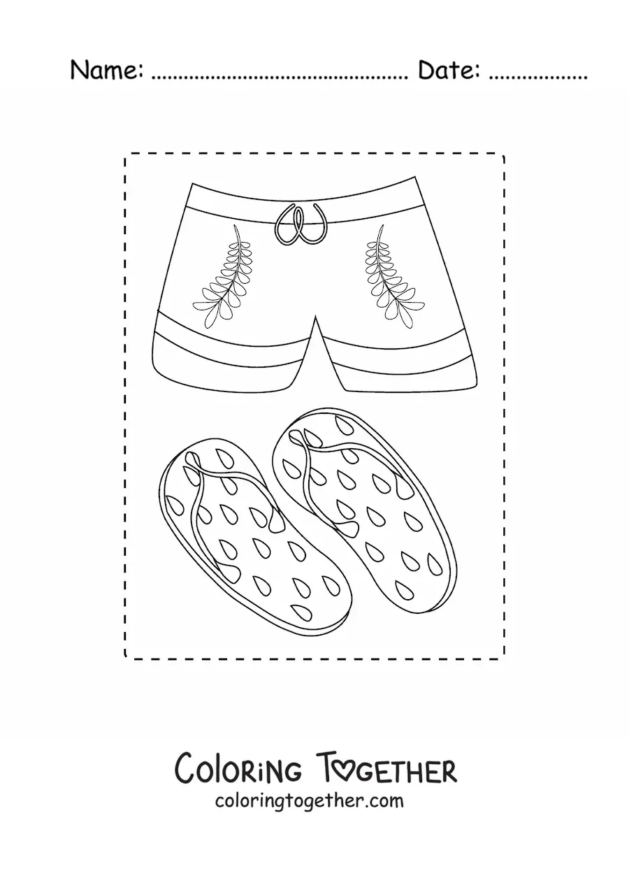 Coloring page of a pair of sandals and a pair of shorts