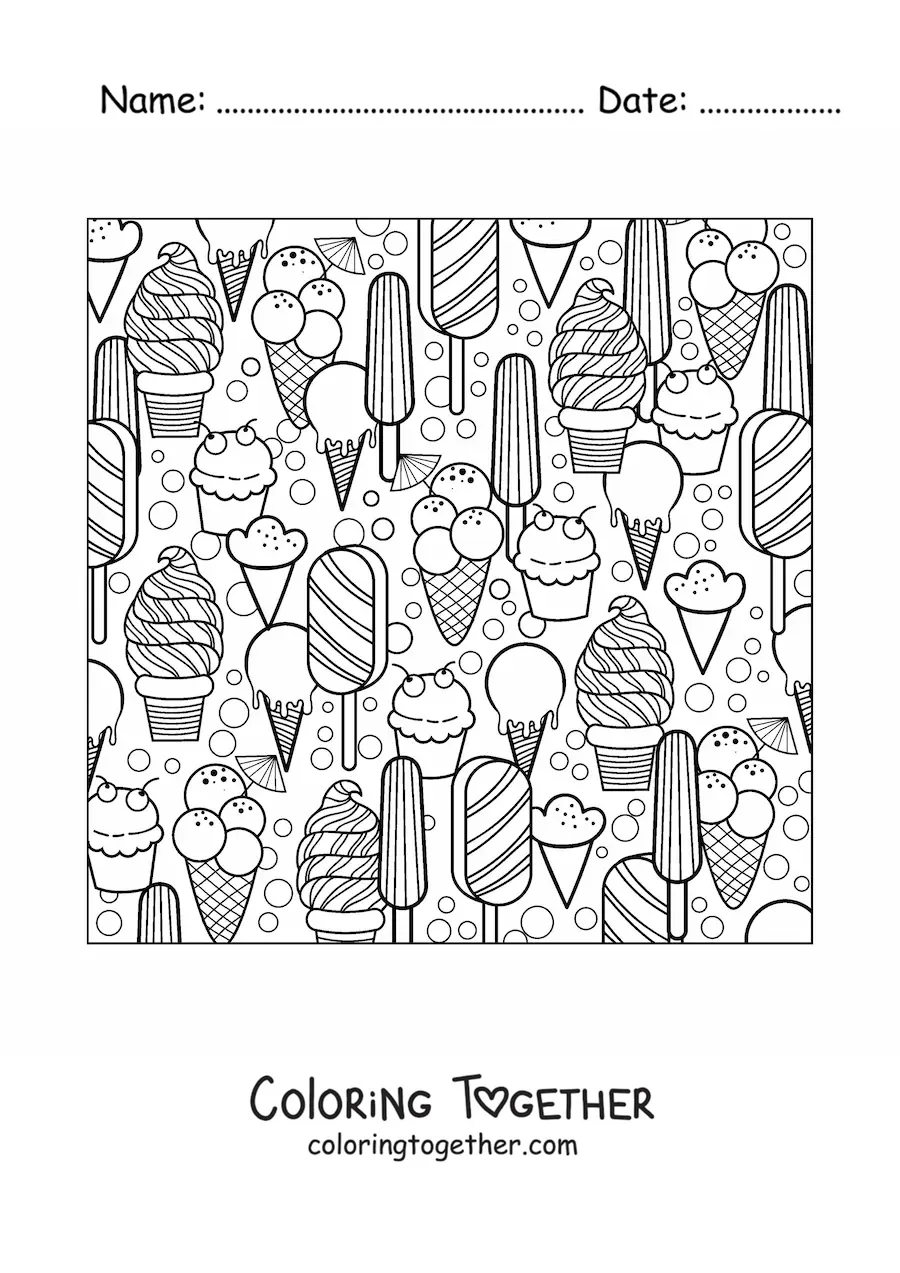 Coloring page of several summer ice creams