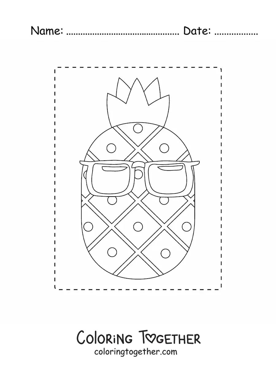 Coloring page of a pineapple wearing summer sunglasses